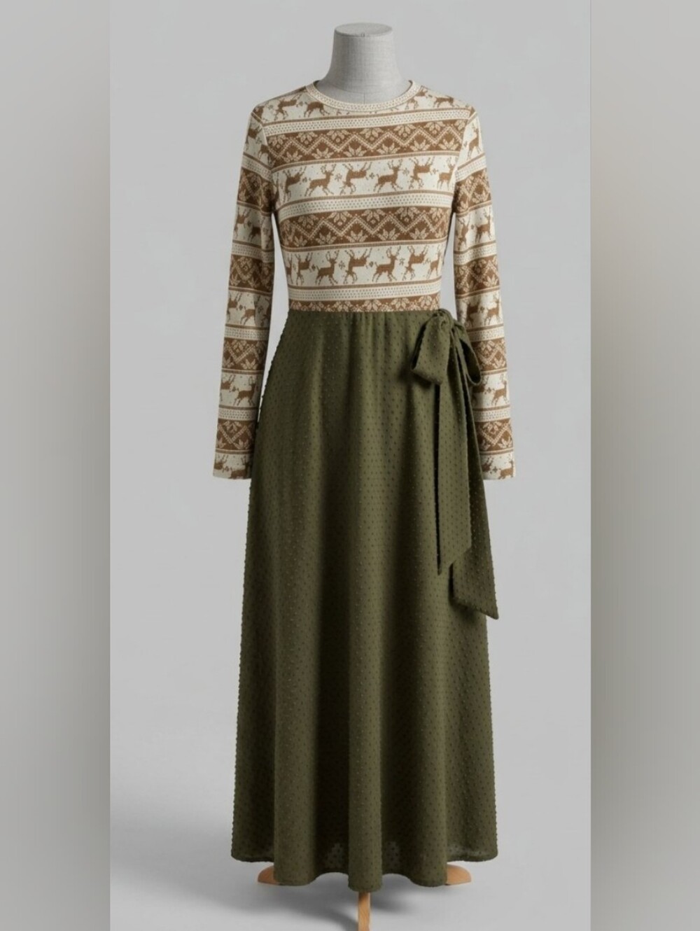 Holiday Olive Green Long Sleeve Midi Dress with Deer Patterned Bodice